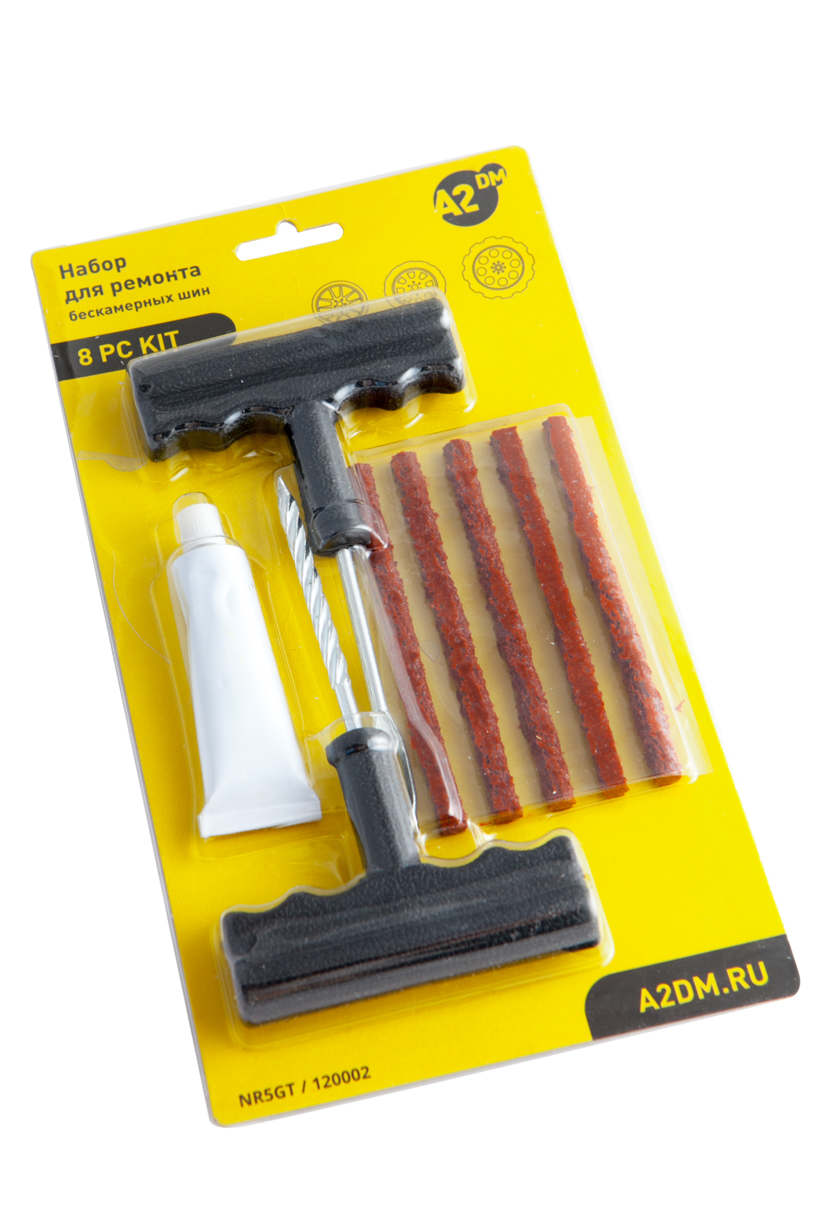 Набор для ремонта бескамерных шин A2DM экспресс-клей, 5 жгутов, T-инструмент, блистер
